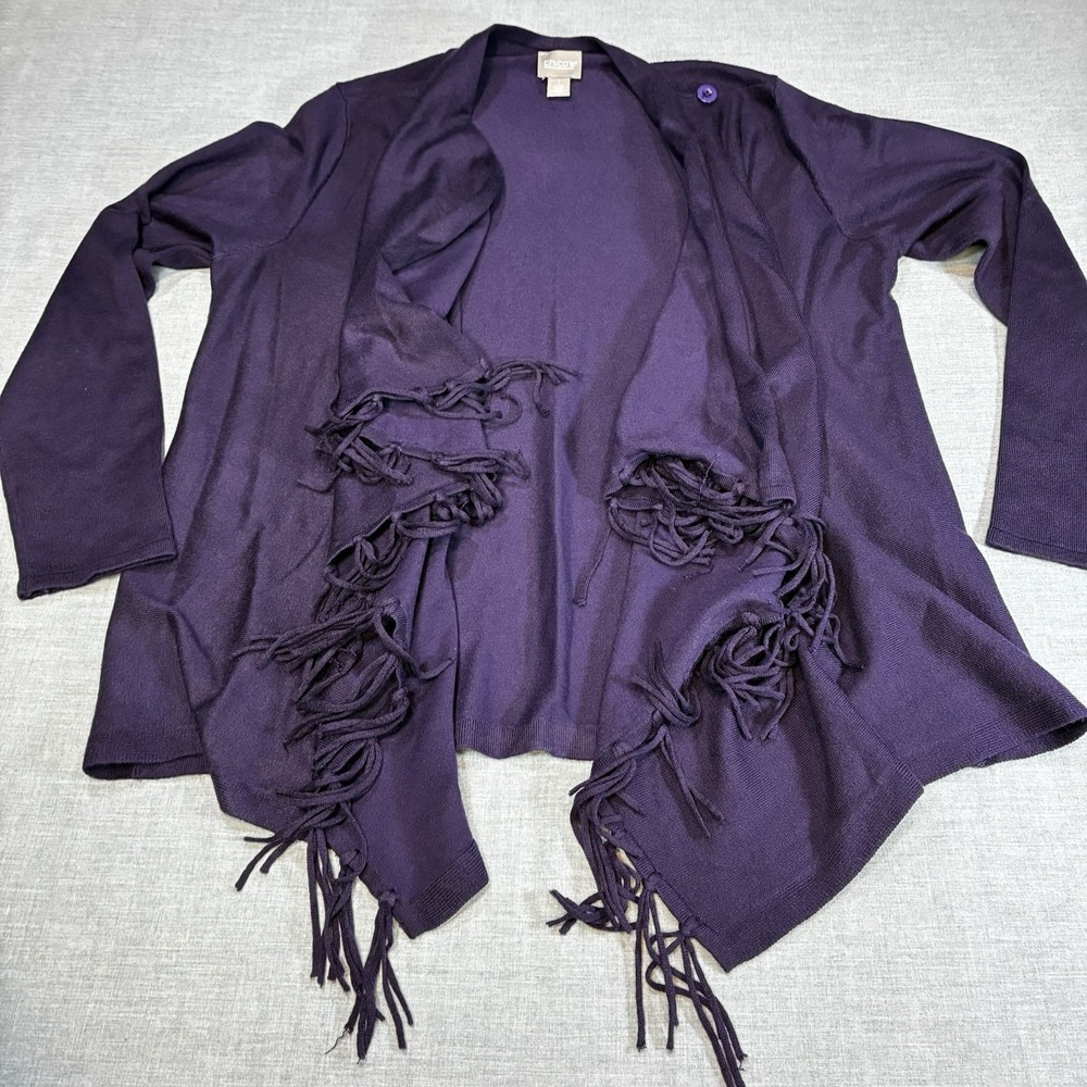 Chico's 1 Medium Cardigan Sweater Purple Wrap Asymmetrical Fringe Long Sleeve